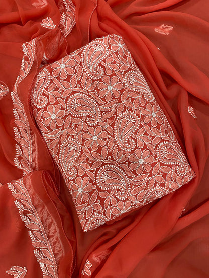 Premium 3-Piece Fine Georgette Lucknowi Chikankari Unstitched Suit Material