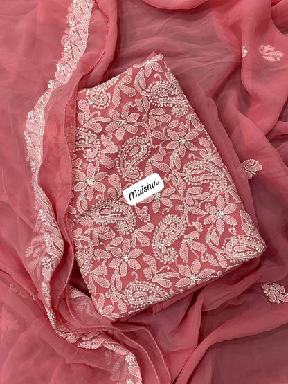 Premium 3-Piece Fine Georgette Lucknowi Chikankari Unstitched Suit Material