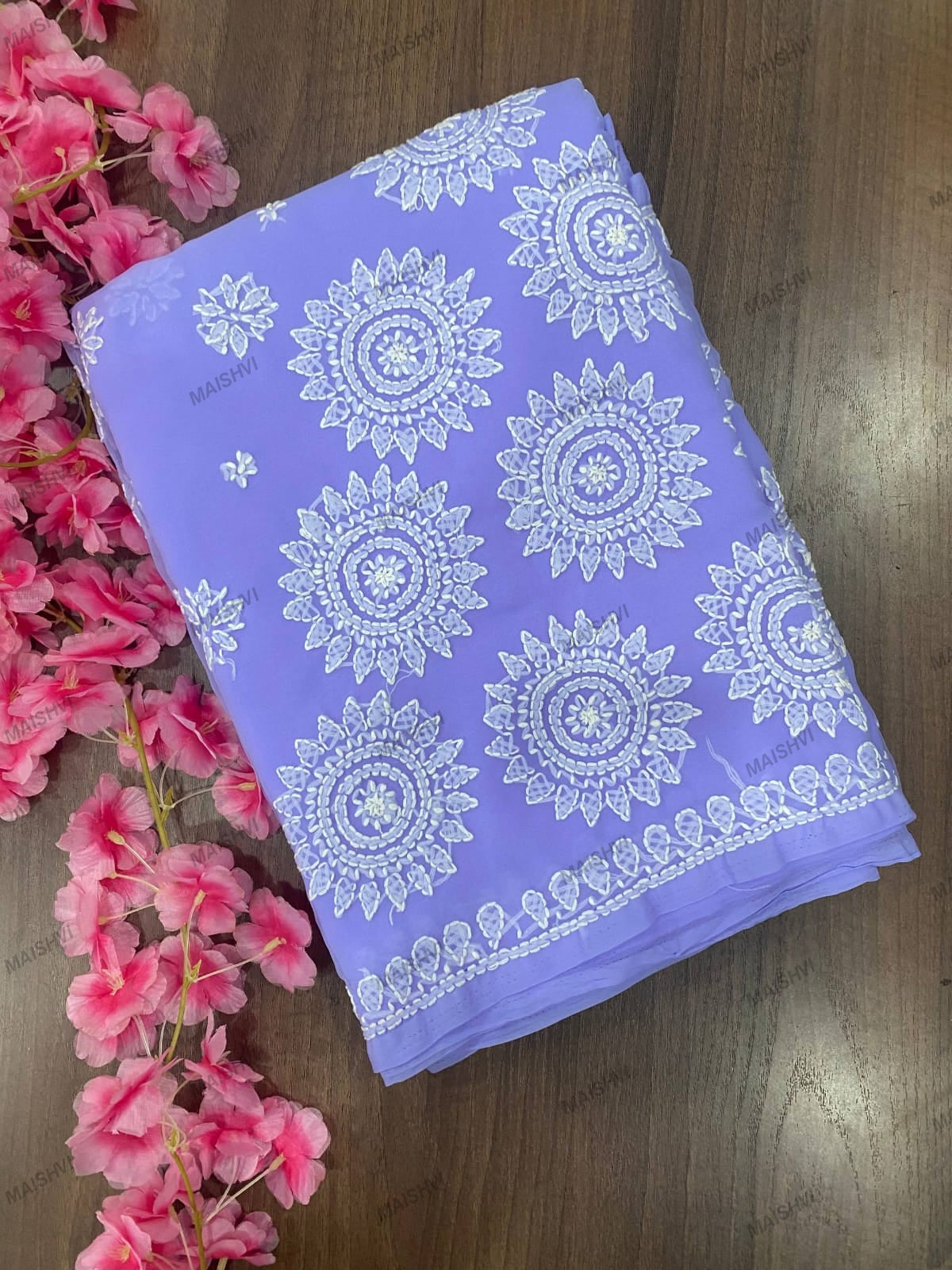 Fine Georgette Designer Saree with Sunflower Chikankari Motifs & Blouse Piece