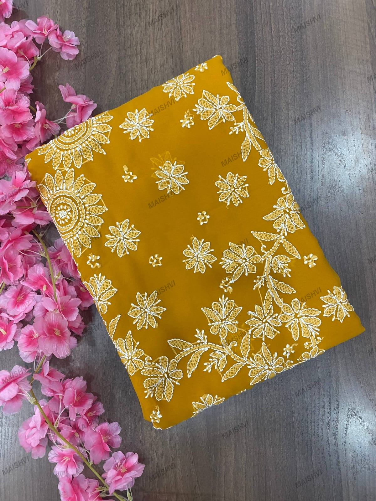 Fine Georgette Designer Saree with Sunflower Chikankari Motifs & Blouse Piece