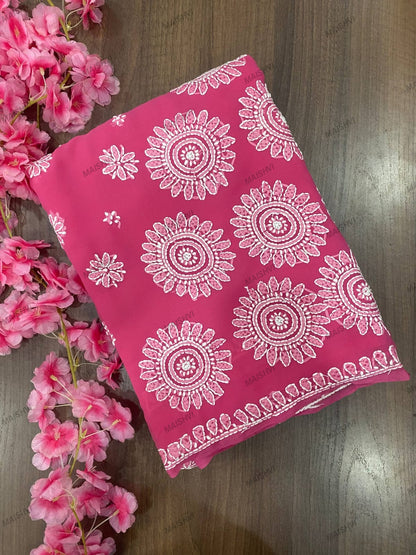 Fine Georgette Designer Saree with Sunflower Chikankari Motifs & Blouse Piece