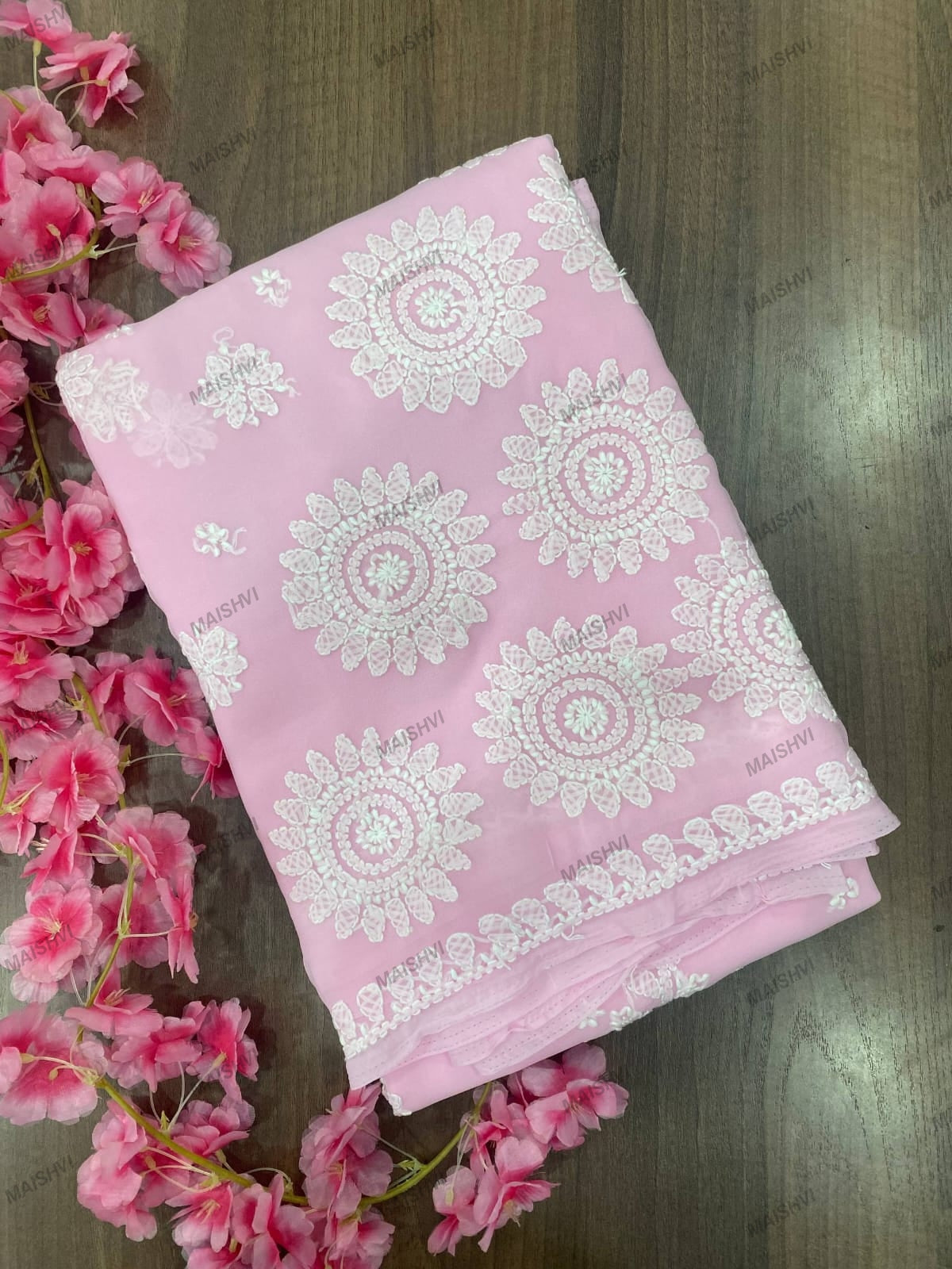 Fine Georgette Designer Saree with Sunflower Chikankari Motifs & Blouse Piece