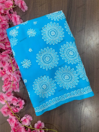 Fine Georgette Designer Saree with Sunflower Chikankari Motifs & Blouse Piece