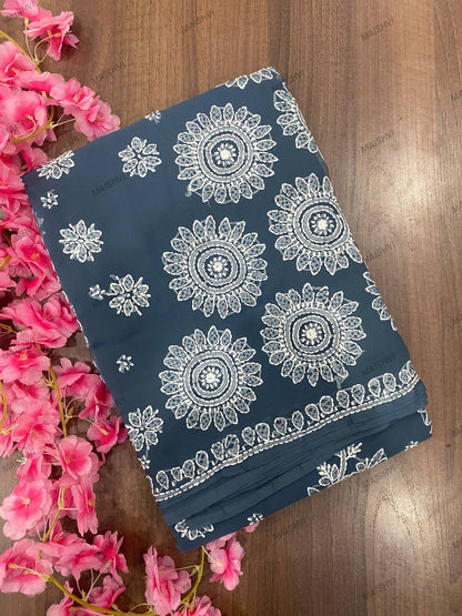 Fine Georgette Designer Saree with Sunflower Chikankari Motifs & Blouse Piece