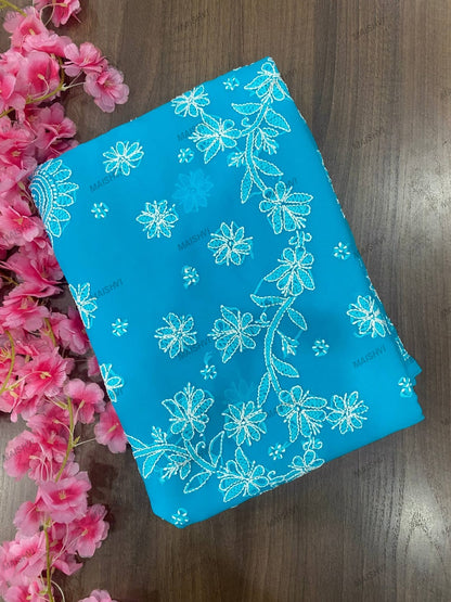 Fine Georgette Designer Saree with Sunflower Chikankari Motifs & Blouse Piece