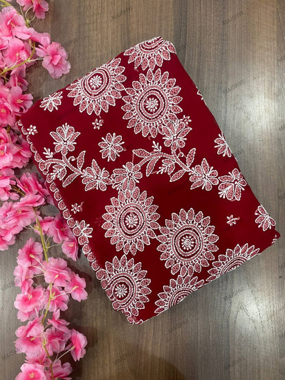 Fine Georgette Designer Saree with Sunflower Chikankari Motifs & Blouse Piece