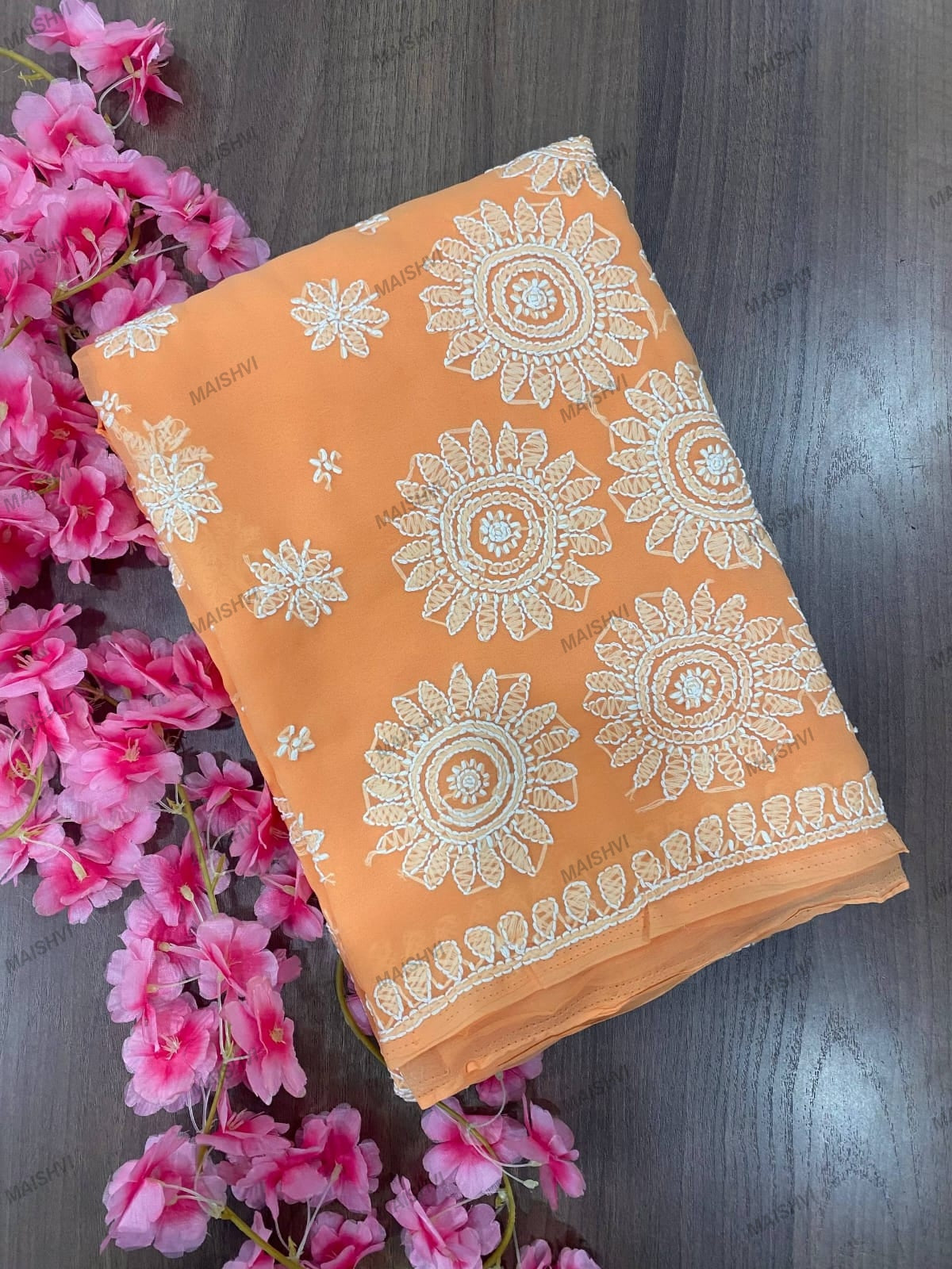 Fine Georgette Designer Saree with Sunflower Chikankari Motifs & Blouse Piece