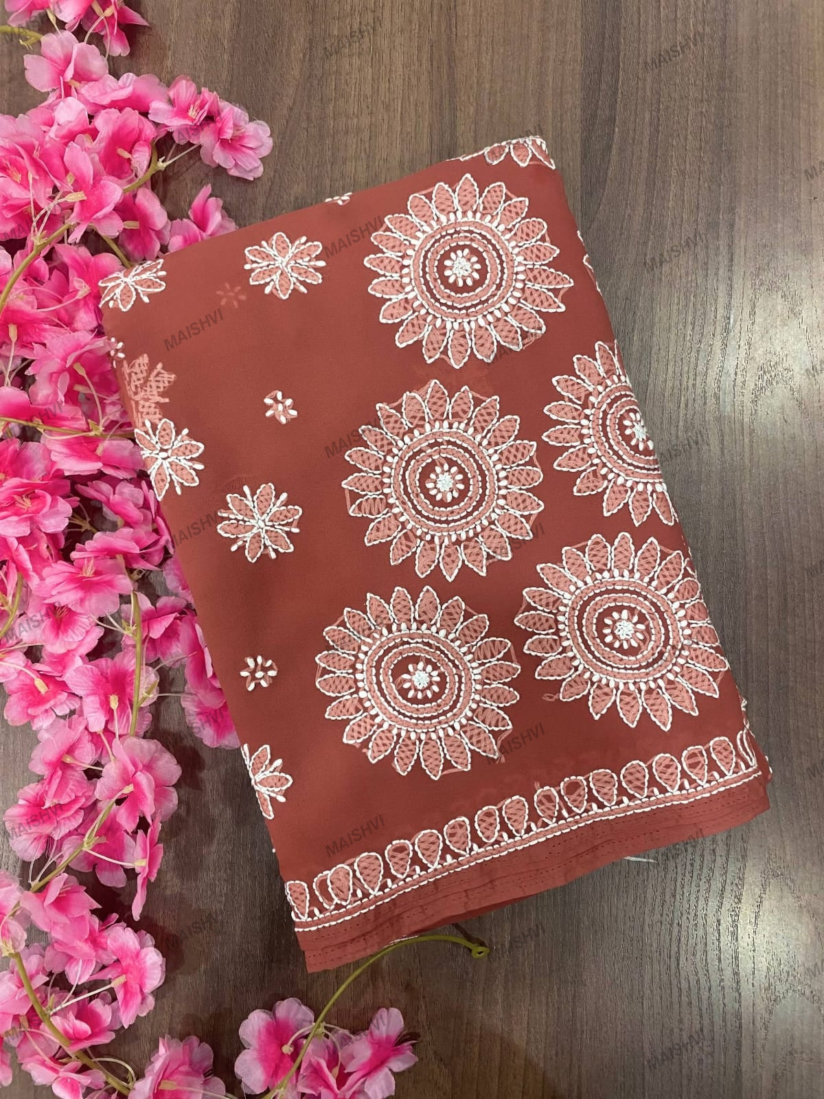 Fine Georgette Designer Saree with Sunflower Chikankari Motifs & Blouse Piece