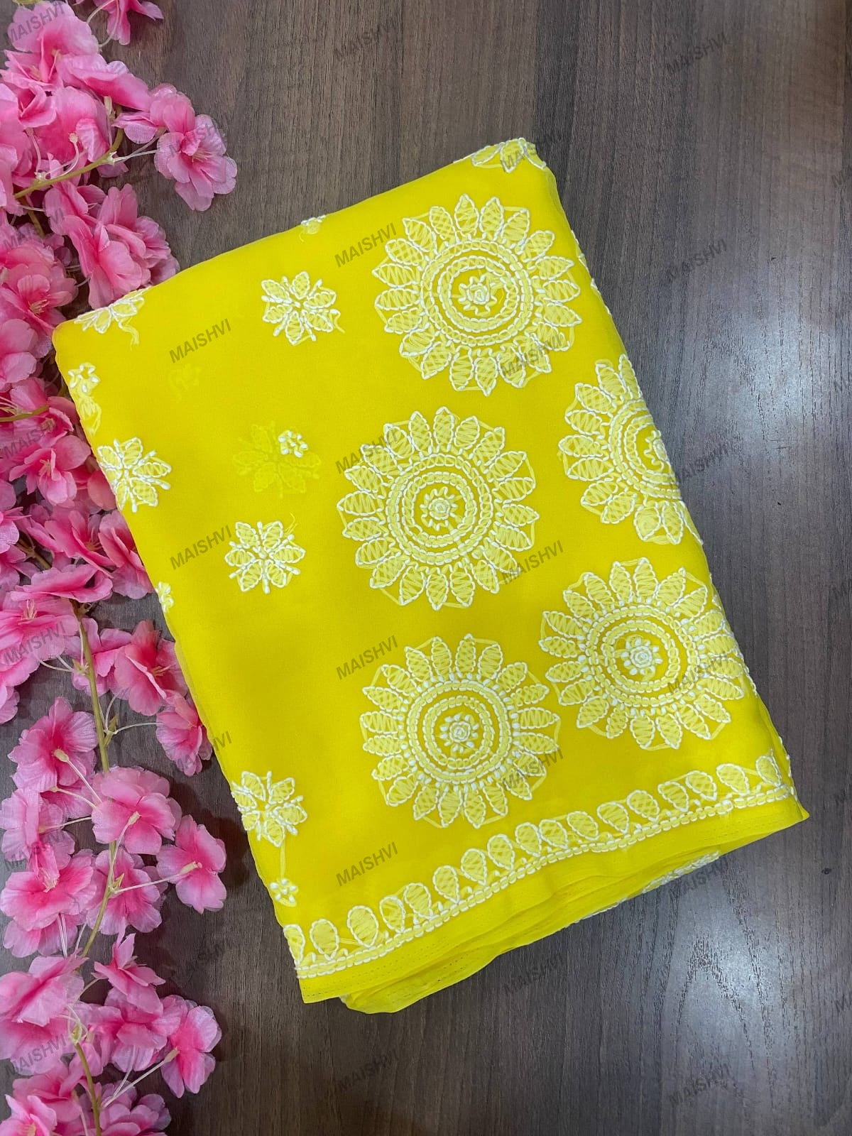 Fine Georgette Designer Saree with Sunflower Chikankari Motifs & Blouse Piece