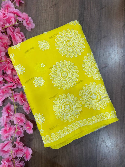 Fine Georgette Designer Saree with Sunflower Chikankari Motifs & Blouse Piece