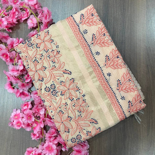 Premium Hand-Embroidered Kota Chanderi Saree with Blouse Piece