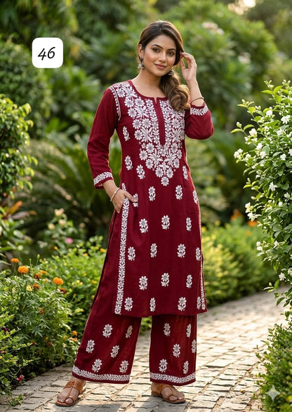 Premium Heavy Reyon Cotton Chikankari Kurti & Palazzo Set – Fine Heavy Embroidery Work