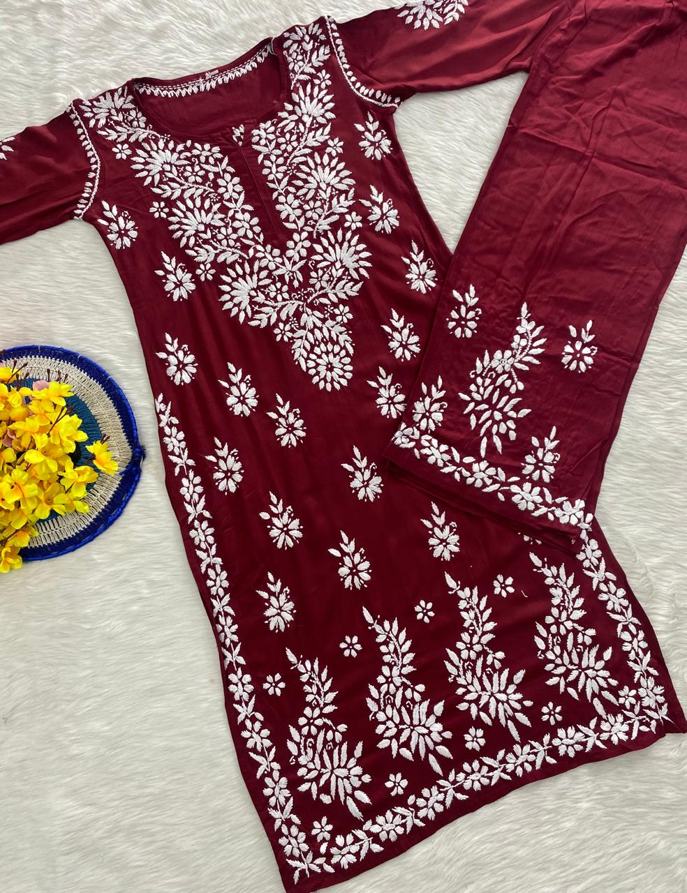 Reyon Cotton Chikankari Kurti with Palazzo Set – Fine Embroidery Work