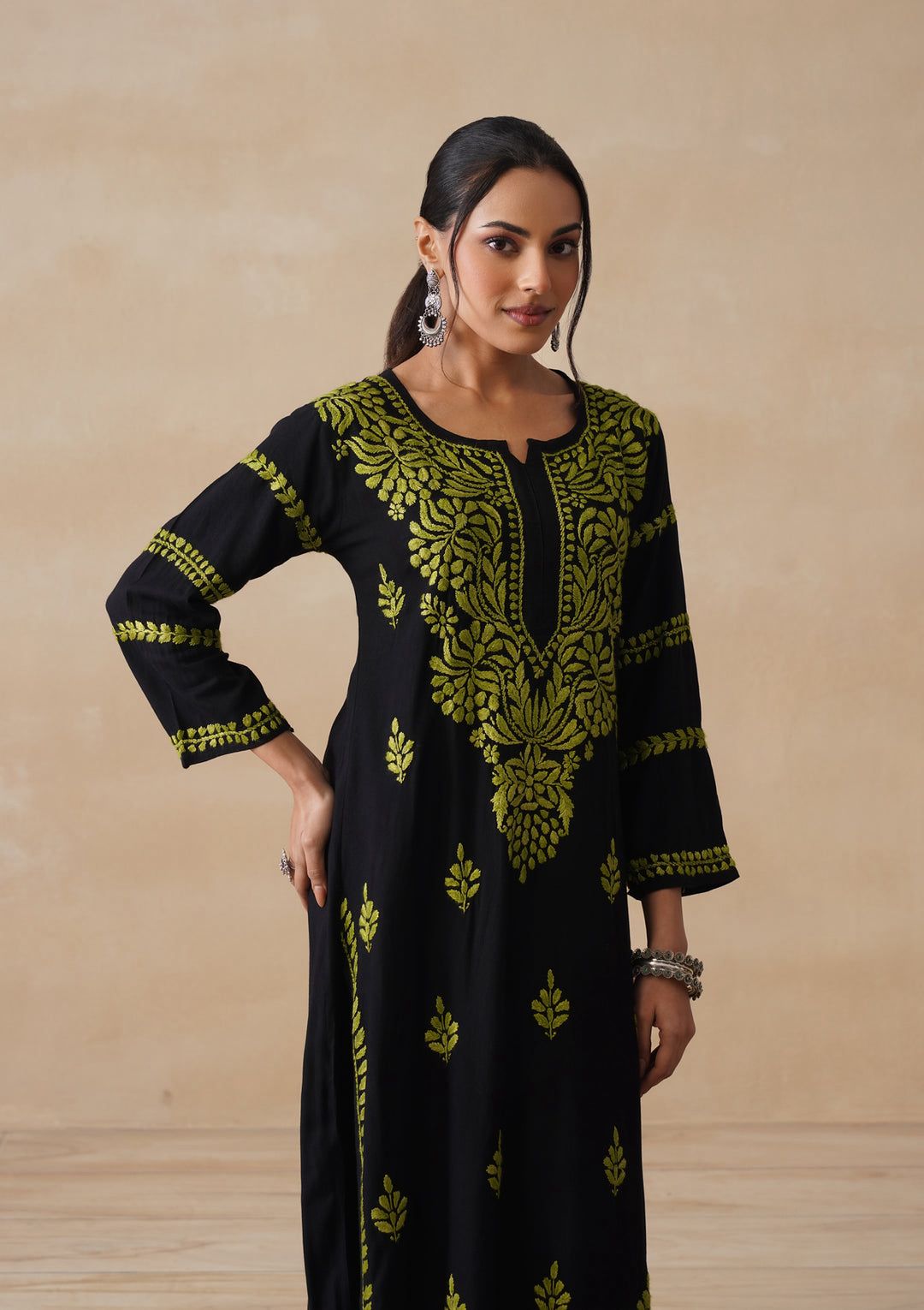 Exclusive Premium Reyon Gala Buti Work Kurta – Black Base with Colour Thread Work