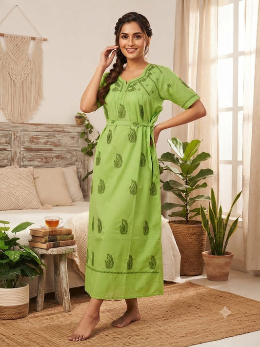 Non-Transparent Cotton Nighty with Adjustable Belt & Tone-on-Tone Work | Soft & Comfortable Sleepwear for Women