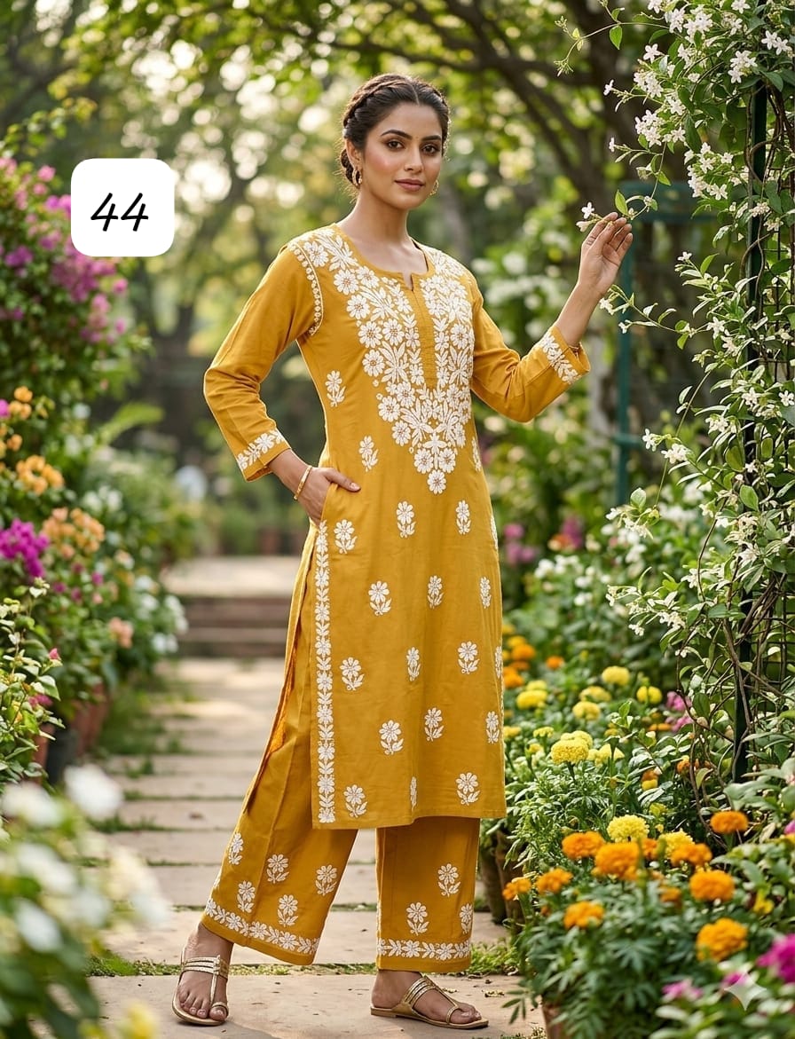 Premium Heavy Reyon Cotton Chikankari Kurti & Palazzo Set – Fine Heavy Embroidery Work