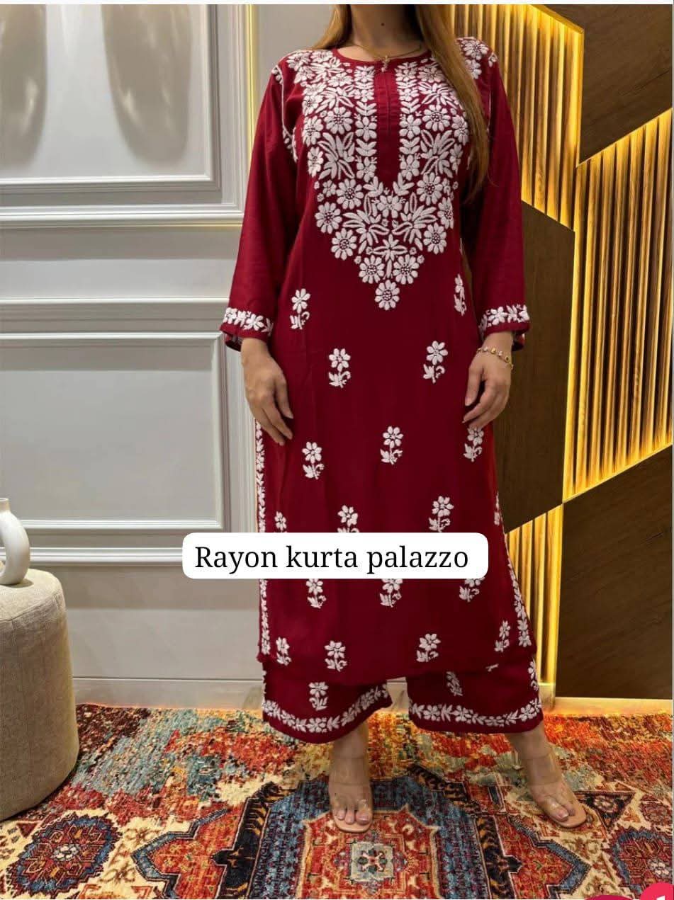 PREMIUM QUALITY REYON KURTI PLAZO SET WITH FINEST HAND EMBROIDERY