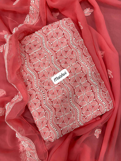 Georgette 3 Pc Chikankari Suit – Kurta Dupatta Bottom Set with Intricate Handwork