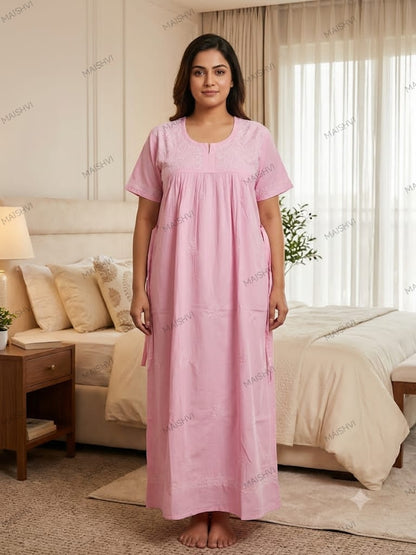 Hand Chikankari Cotton Nighty for Women | Soft, Breathable & Comfortable Nightwear