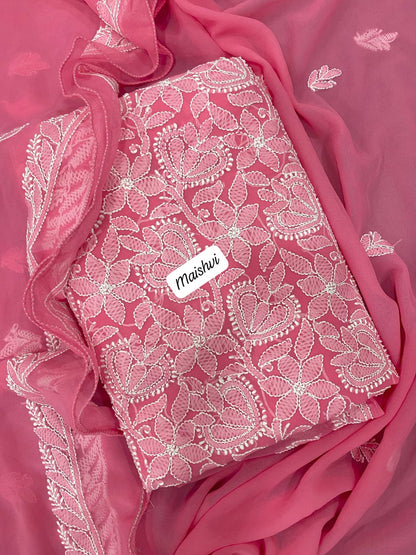 Georgette 3 Pc Chikankari Suit – Kurta Dupatta Bottom Set with Intricate Handwork