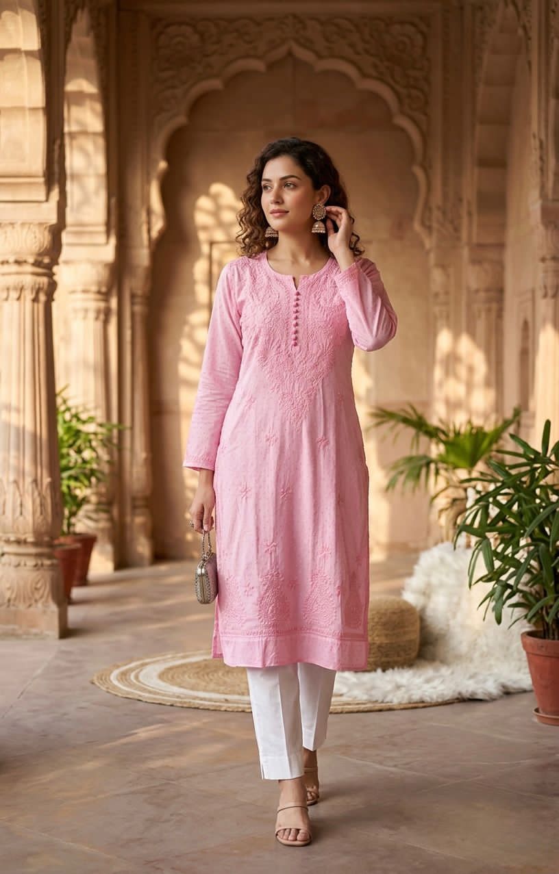 Lucknowi Chikankari Dobby Dyeable Cotton Kurti – Soft Pastel Summer Essential