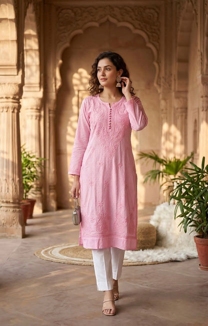 Lucknowi Chikankari Dobby Dyeable Cotton Kurti – Soft Pastel Summer Essential