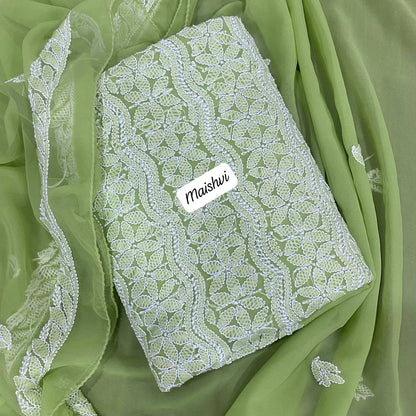 Georgette 3 Pc Chikankari Suit – Kurta Dupatta Bottom Set with Intricate Handwork
