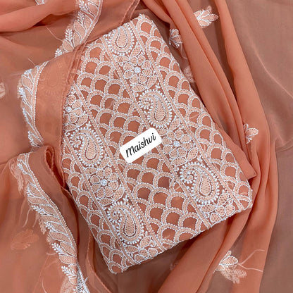 Georgette 3 Pc Chikankari Suit – Kurta Dupatta Bottom Set with Intricate Handwork
