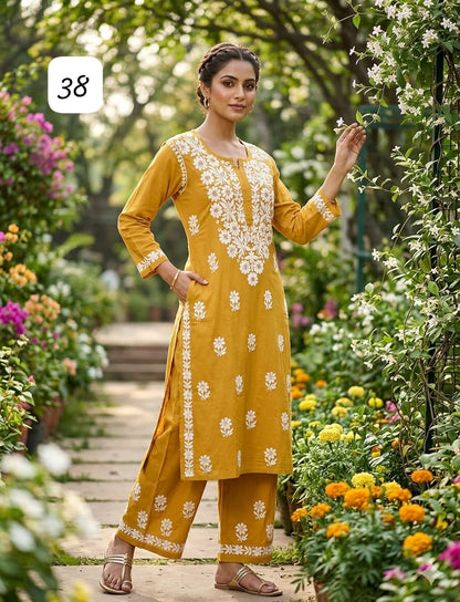 Premium Heavy Reyon Cotton Chikankari Kurti & Palazzo Set – Fine Heavy Embroidery Work