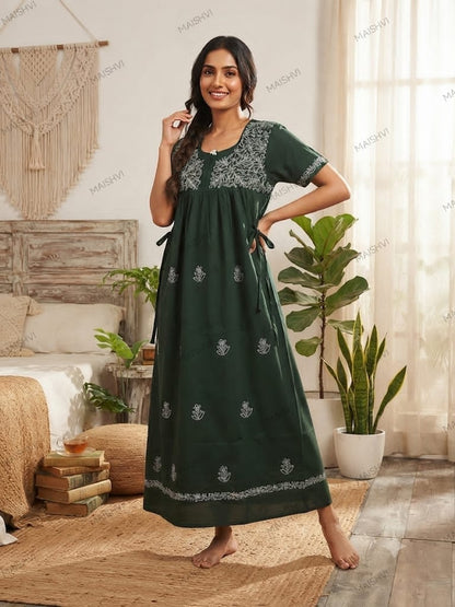 Hand Chikankari Cotton Nighty for Women | Soft, Breathable & Comfortable Nightwear