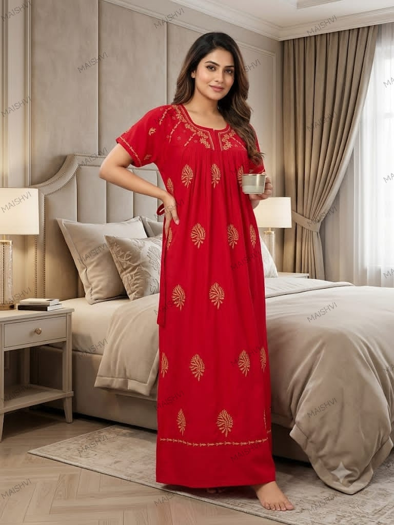 Non-Transparent Cotton Nighty with Adjustable Belt & Tone-on-Tone Work | Soft & Comfortable Sleepwear for Women