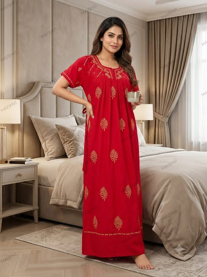 Non-Transparent Cotton Nighty with Adjustable Belt & Tone-on-Tone Work | Soft & Comfortable Sleepwear for Women