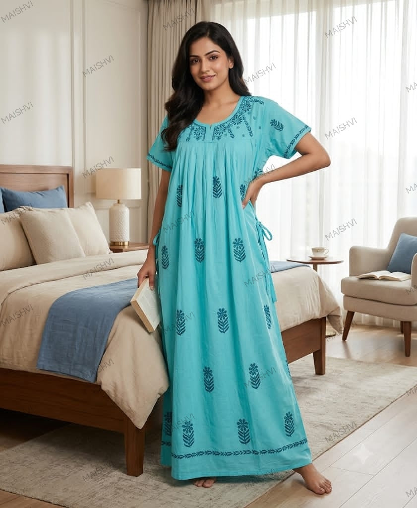 Non-Transparent Cotton Nighty with Adjustable Belt & Tone-on-Tone Work | Soft & Comfortable Sleepwear for Women