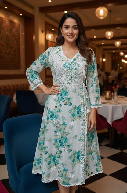 Beautiful Mul Mul Cotton Angarakha Kurti – Fine Chikankari Embroidery & Printed Elegance