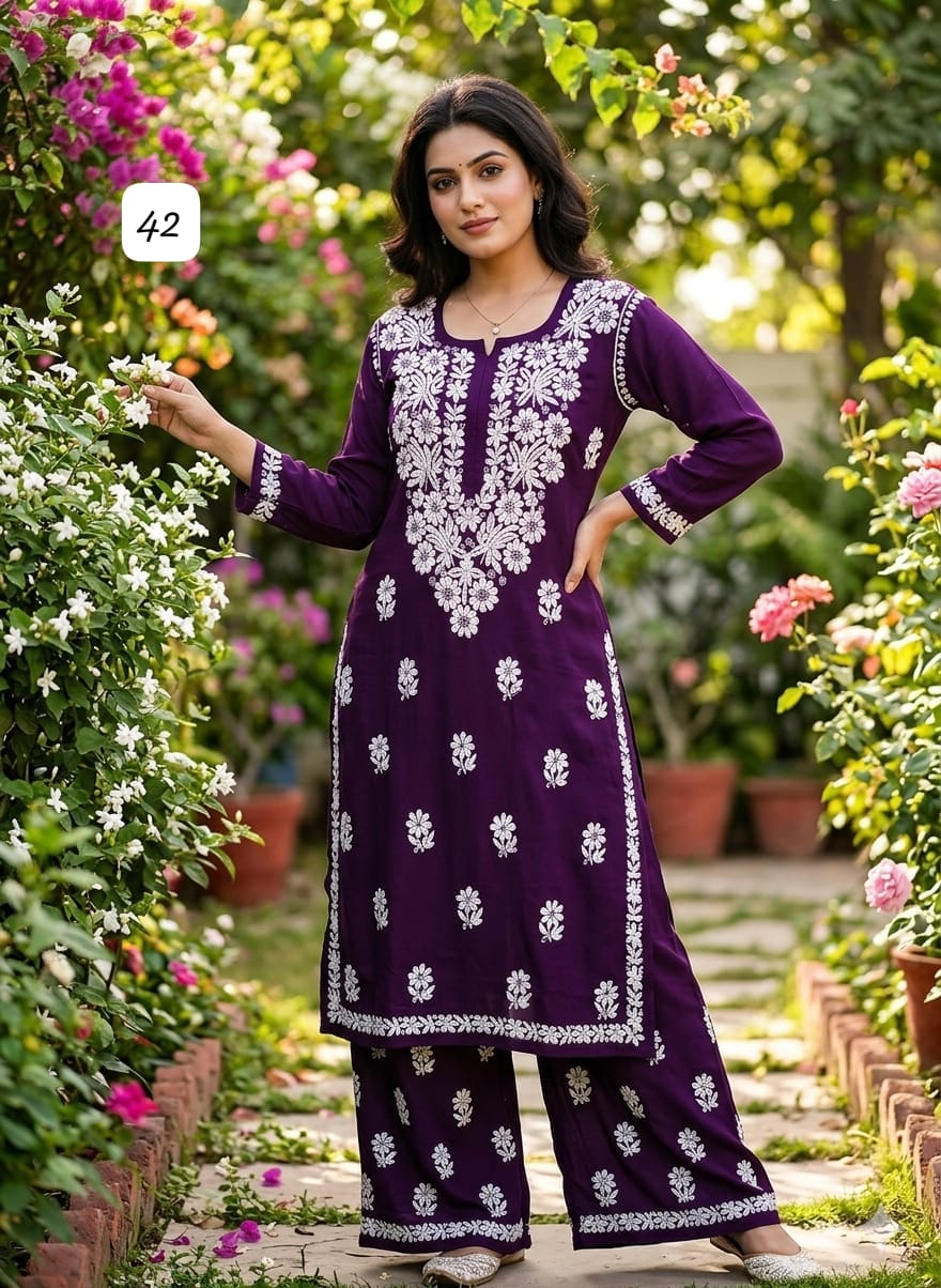 Premium Heavy Reyon Cotton Chikankari Kurti & Palazzo Set – Fine Heavy Embroidery Work