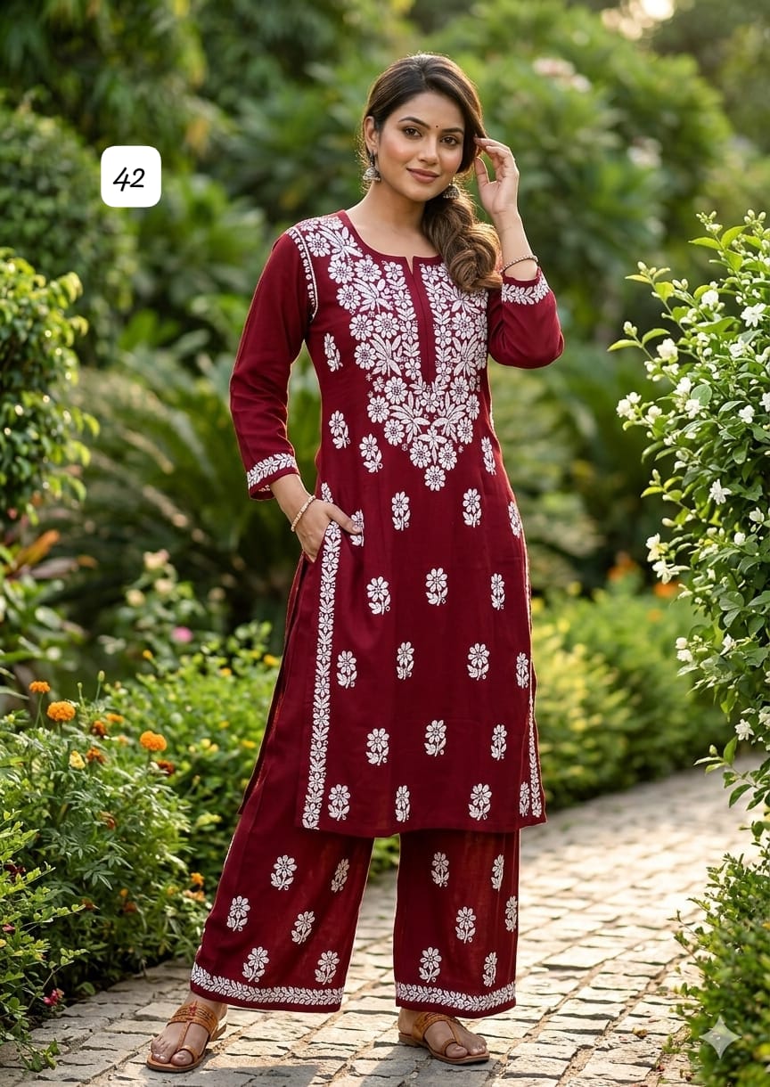 Premium Heavy Reyon Cotton Chikankari Kurti & Palazzo Set – Fine Heavy Embroidery Work