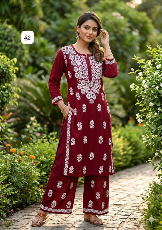 Premium Heavy Reyon Cotton Chikankari Kurti & Palazzo Set – Fine Heavy Embroidery Work