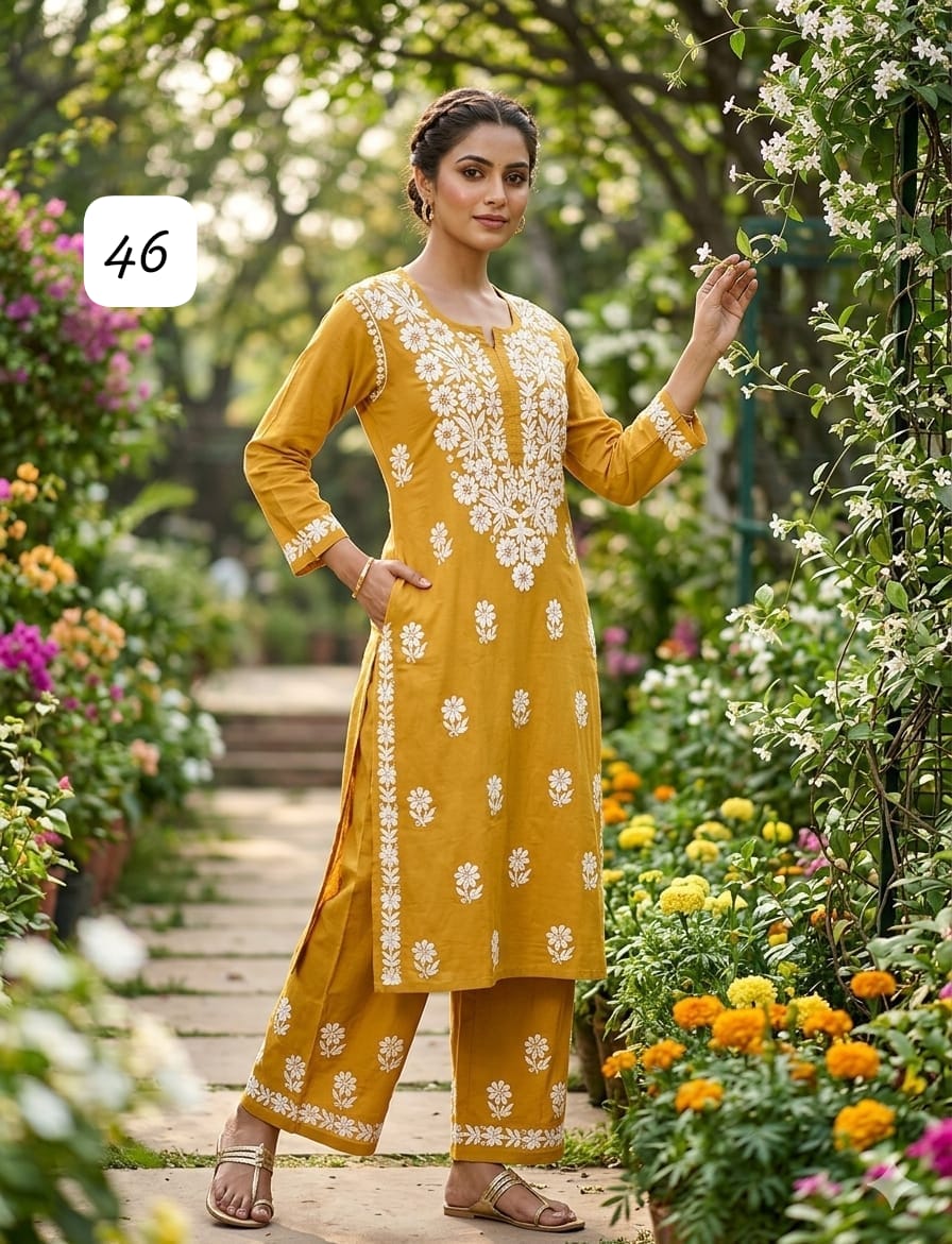 Premium Heavy Reyon Cotton Chikankari Kurti & Palazzo Set – Fine Heavy Embroidery Work