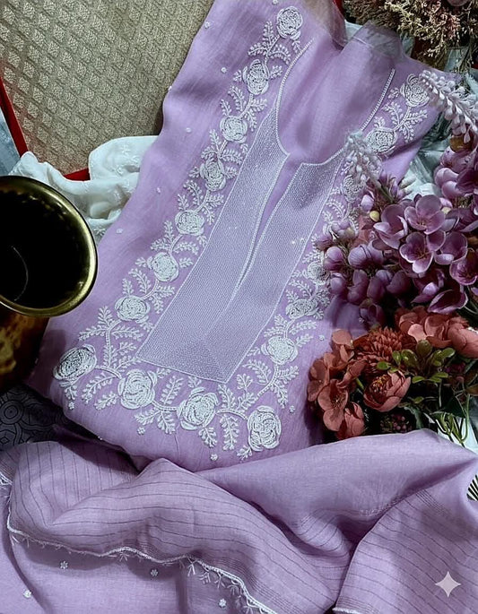 Exclusive Pure Mul Chanderi Kurta Material & Dupatta with Cutdana Work - Rose Design