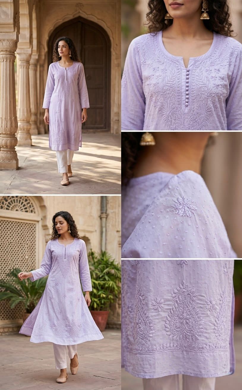 Lucknowi Chikankari Dobby Dyeable Cotton Kurti – Soft Pastel Summer Essential