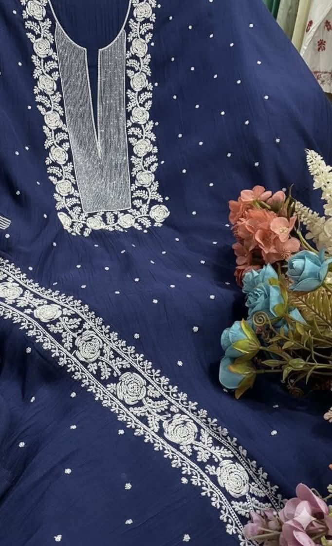 Exclusive Pure Mul Chanderi Kurta Material & Dupatta with Cutdana Work - Rose Design