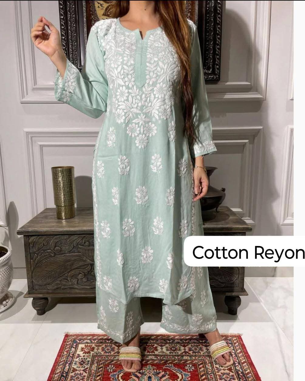 PREMIUM QUALITY REYON KURTI PLAZO SET WITH FINEST HAND EMBROIDERY