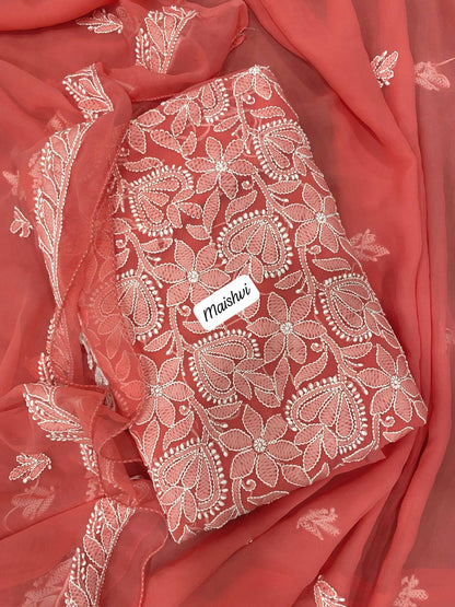 Georgette 3 Pc Chikankari Suit – Kurta Dupatta Bottom Set with Intricate Handwork