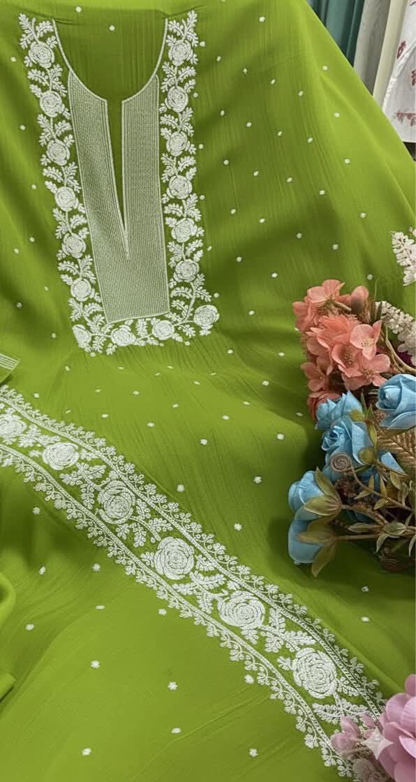 Exclusive Pure Mul Chanderi Kurta Material & Dupatta with Cutdana Work - Rose Design