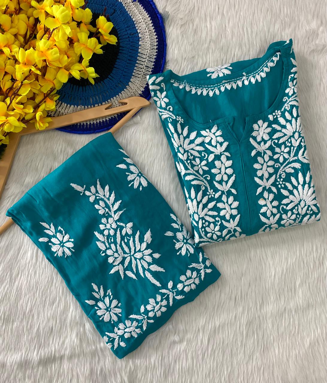 Reyon Cotton Chikankari Kurti with Palazzo Set – Fine Embroidery Work