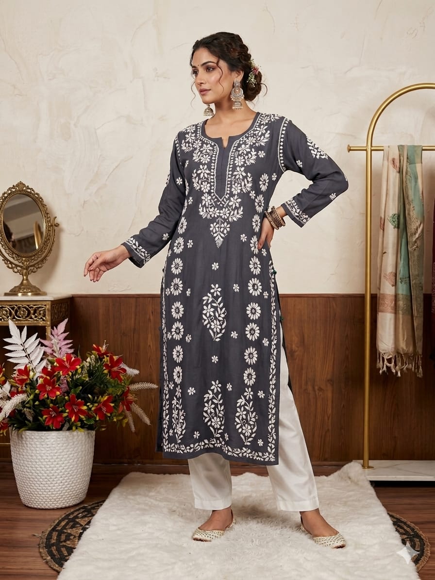 Lucknowi Chikankari Beautiful Heavy Work Modal Kurti