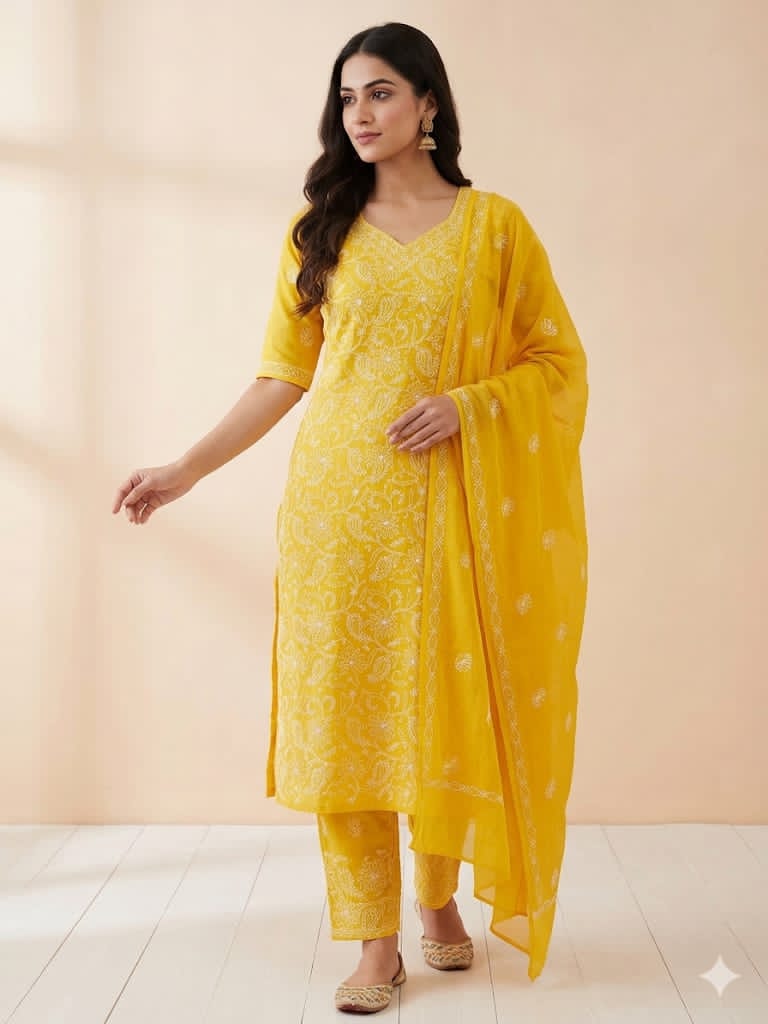 Pure Cotton 3 Pc Unstitched Suit with Front Jaal Chikankari & Cotton Dupatta