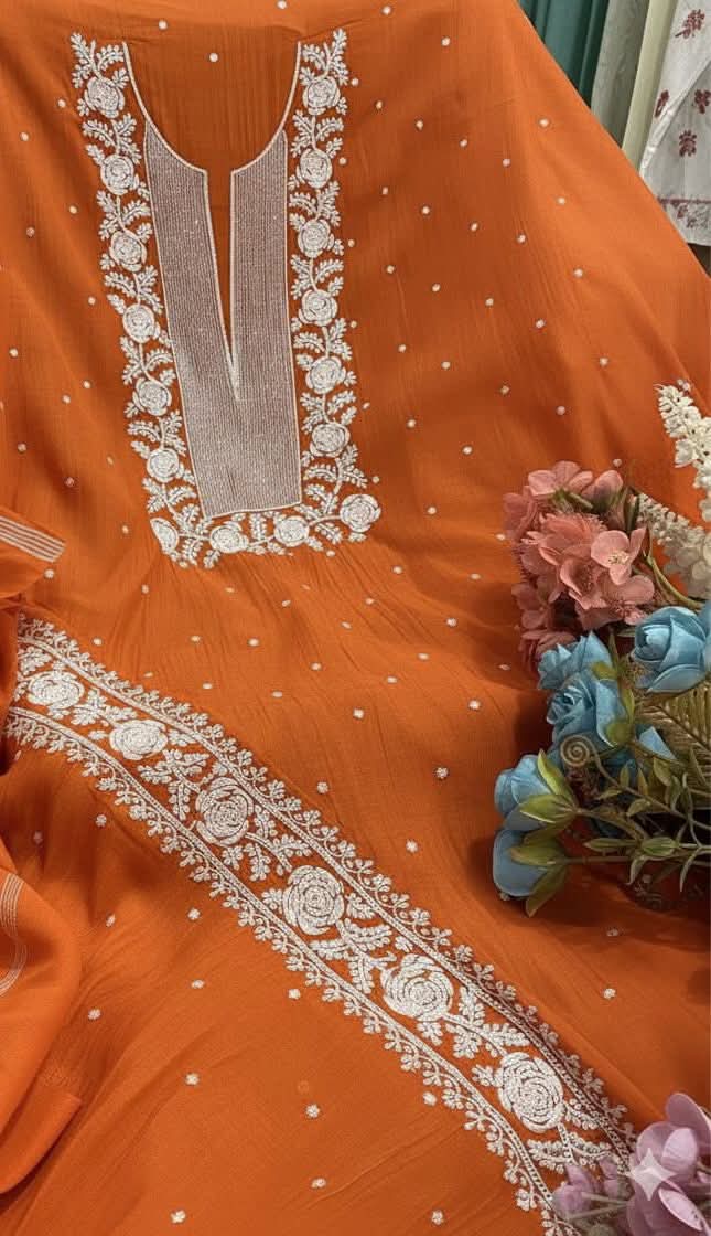 Exclusive Pure Mul Chanderi Kurta Material & Dupatta with Cutdana Work - Rose Design