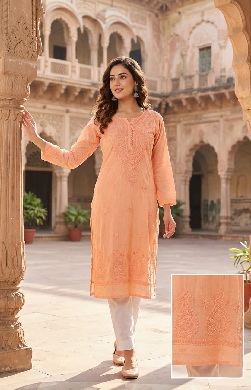 Lucknowi Chikankari Dobby Dyeable Cotton Kurti – Soft Pastel Summer Essential