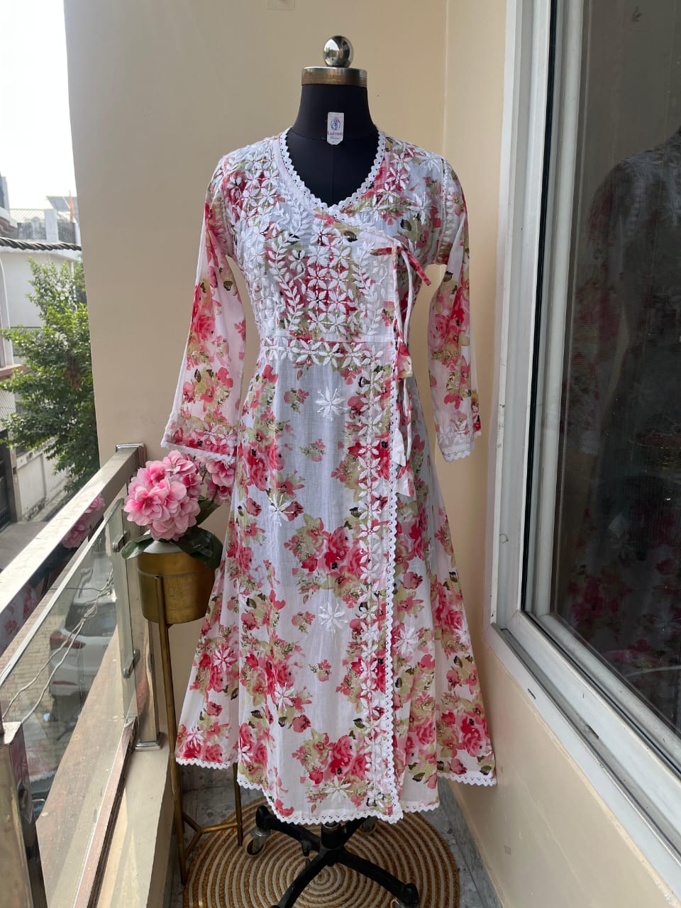 Beautiful Mul Mul Cotton Angarakha Kurti – Fine Chikankari Embroidery & Printed Elegance